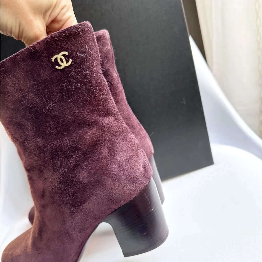 Chanel Burgundy Suede Ankle Boots with Gold CC
